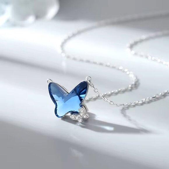 Jewelry - Butterfly Necklace Blue Zircon Stone and Pave Set AAA Cubic Zirconias